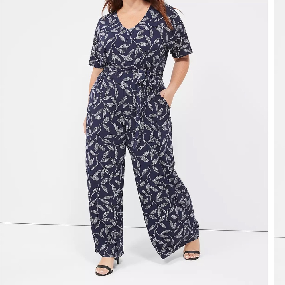 Lane Bryant Navy Blue Tropical Leaf Print Kimono Sleeve Wide Leg Jumpsuit 22/24